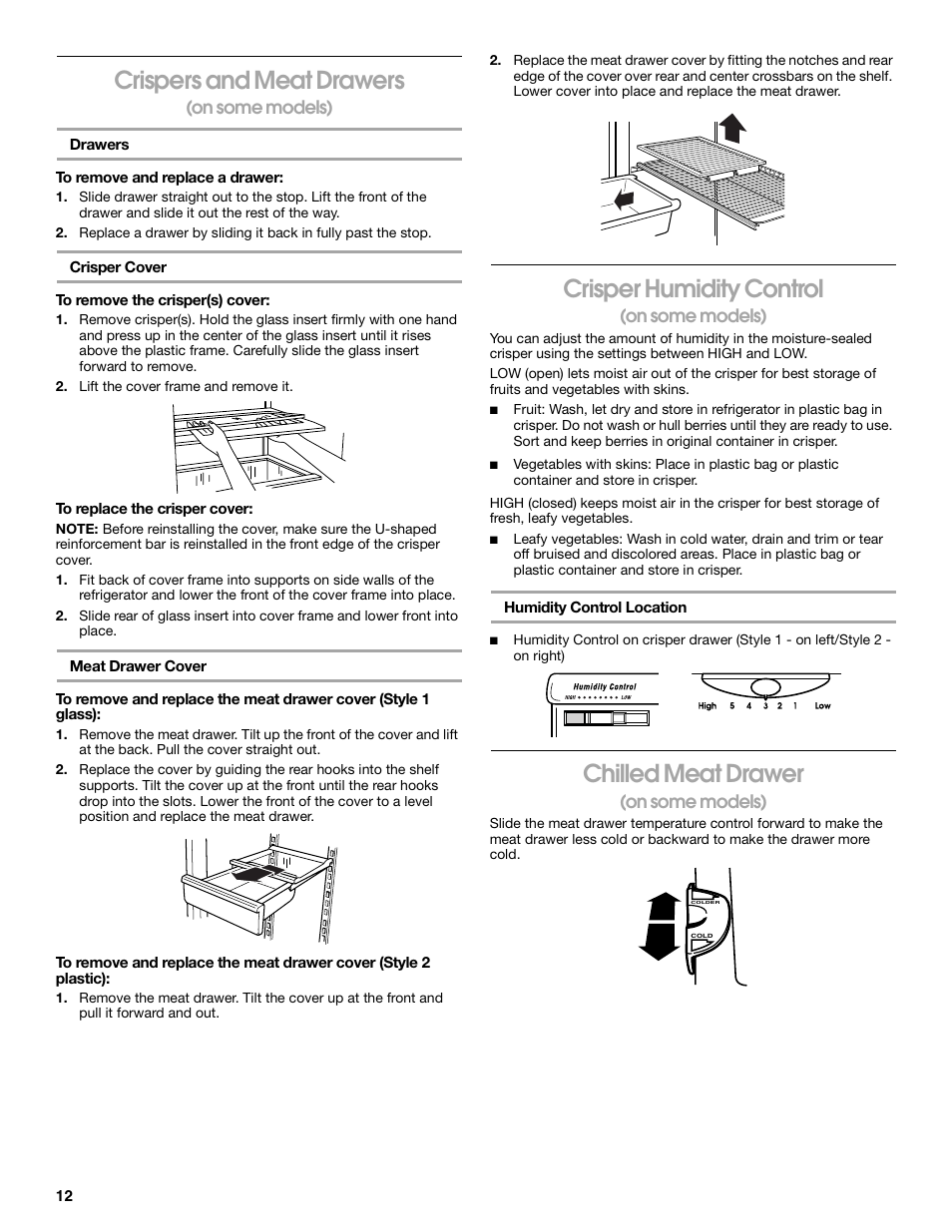 Crispers and meat drawers, To remove the crisper(s) cover, Chilled meat drawer | Crisper humidity control, On some models) | Whirlpool 2225405 User Manual | Page 12 / 20