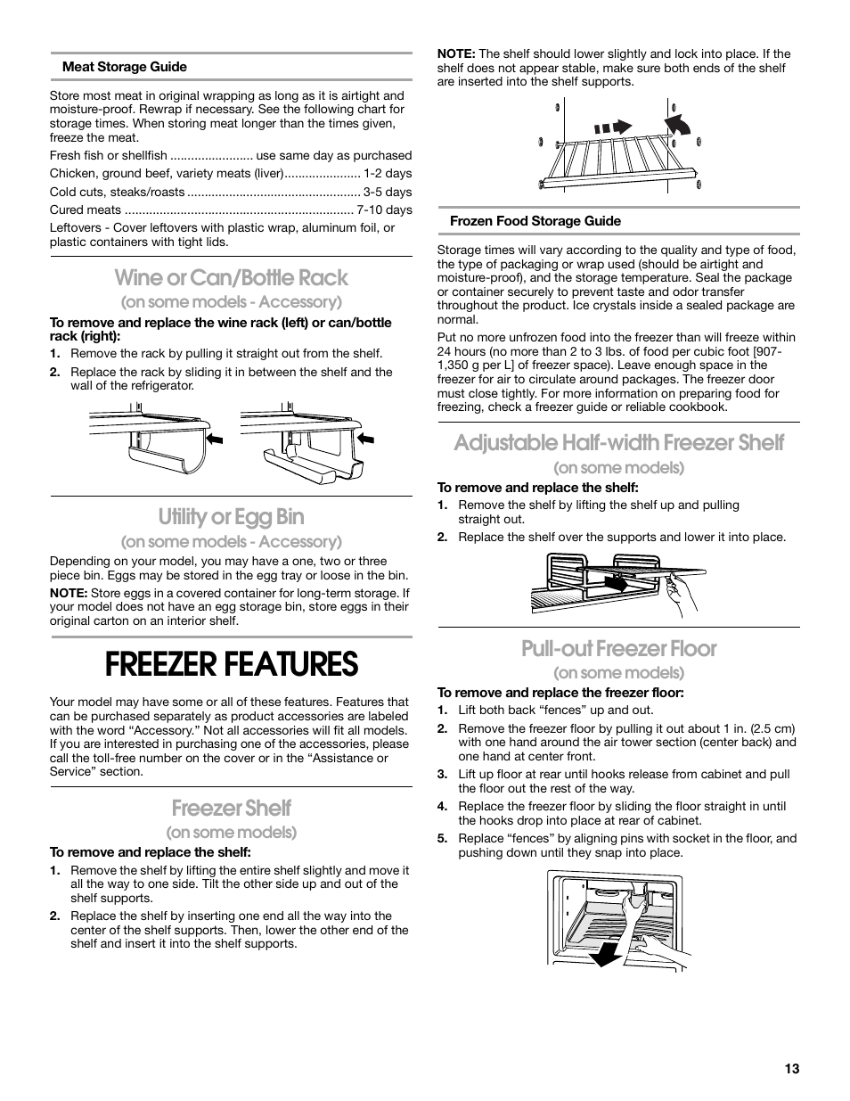 Wine or can/bottle rack, Utility or egg bin, Freezer features | Freezer shelf, Adjustable half-width freezer shelf, Pull-out freezer floor | Whirlpool 2225405 User Manual | Page 13 / 20