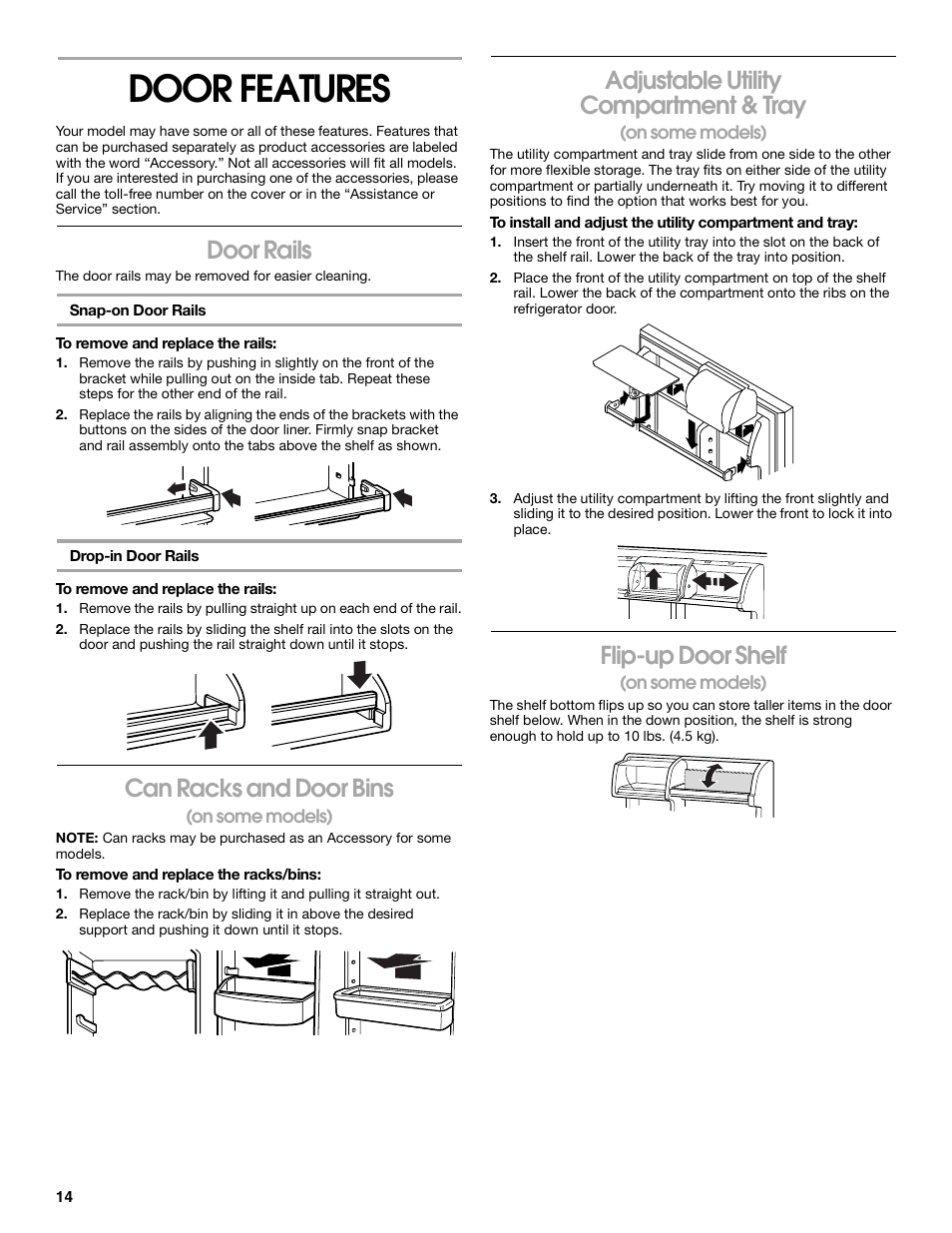 Door features, Door rails, Can racks and door bins | Adjustable utility compartment & tray, Flip-up door shelf | Whirlpool 2225405 User Manual | Page 14 / 20