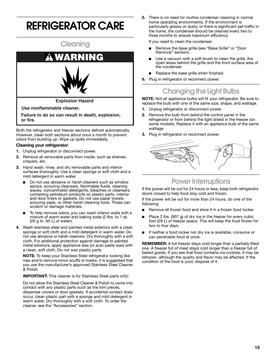 Refrigerator care, Cleaning, Changing the light bulbs | Power interruptions | Whirlpool 2225405 User Manual | Page 15 / 20