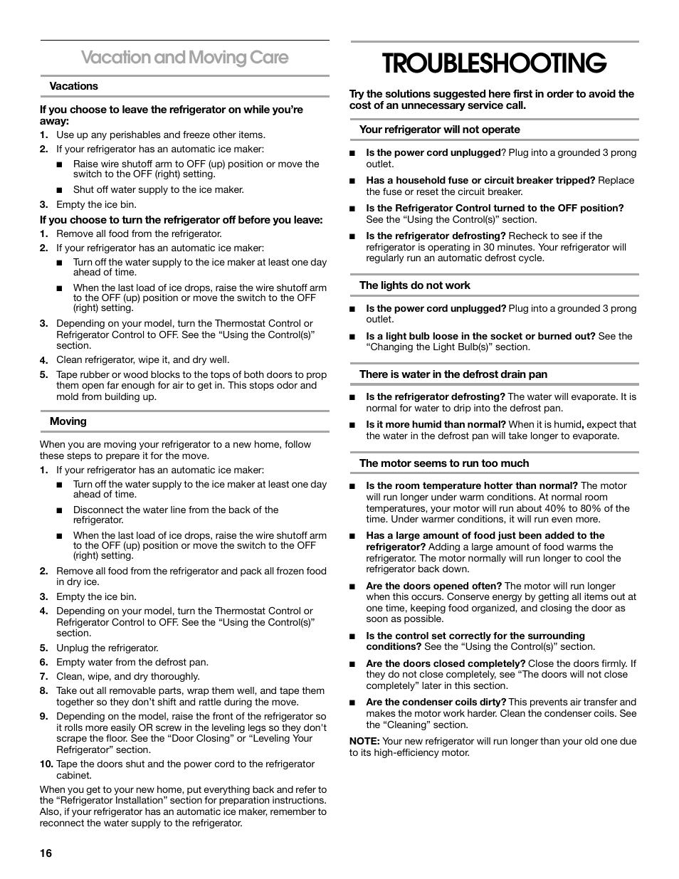 Troubleshooting, Vacation and moving care | Whirlpool 2225405 User Manual | Page 16 / 20