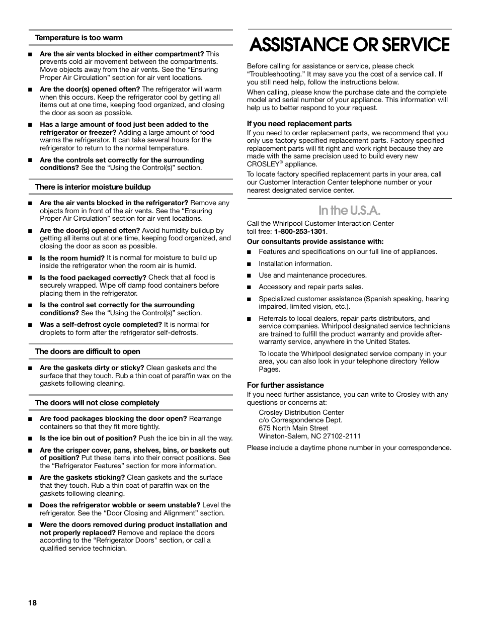 Assistance or service | Whirlpool 2225405 User Manual | Page 18 / 20