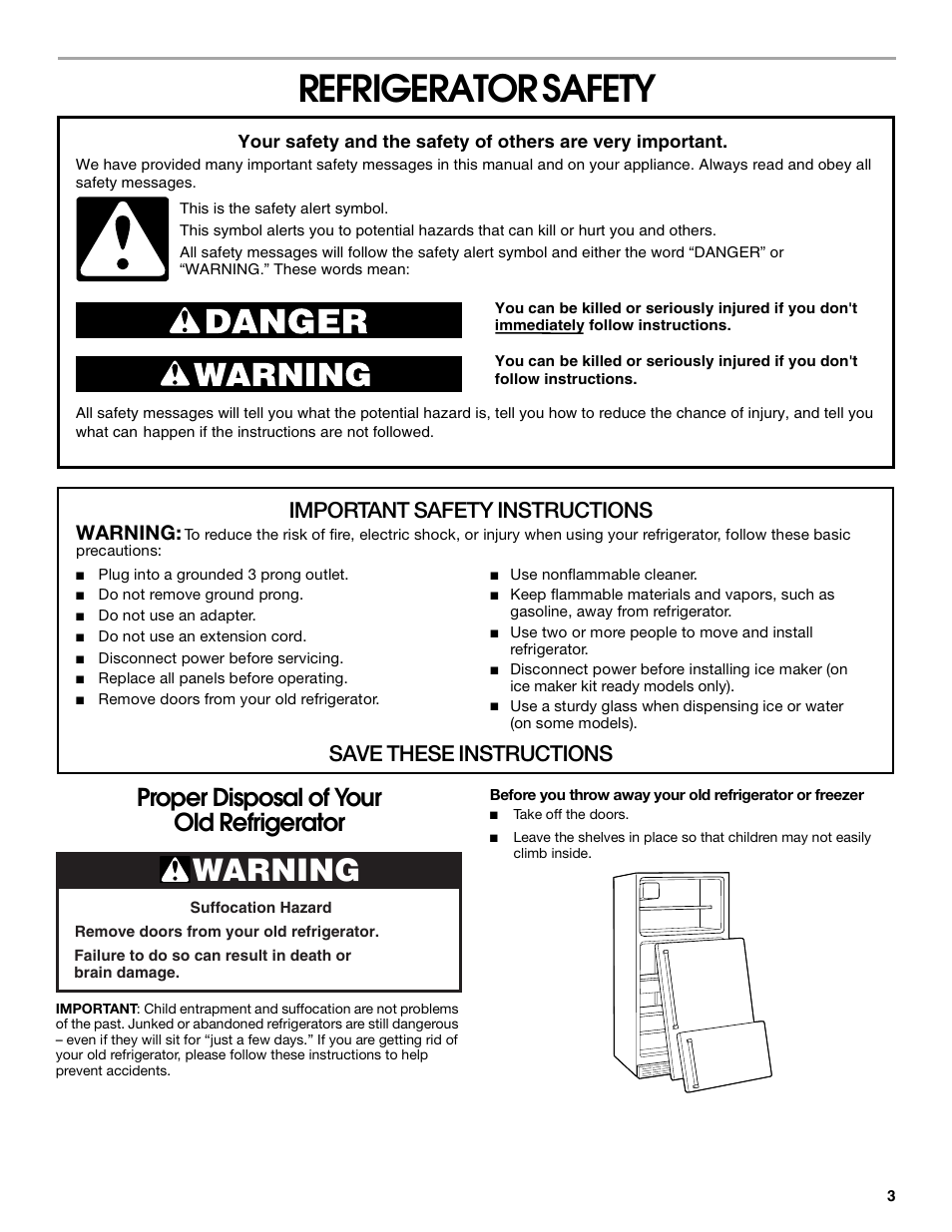 Refrigerator safety, Refrigerator, Safety | Proper disposal of your old refrigerator, Important safety instructions, Save these instructions, Warning | Whirlpool 2225405 User Manual | Page 3 / 20