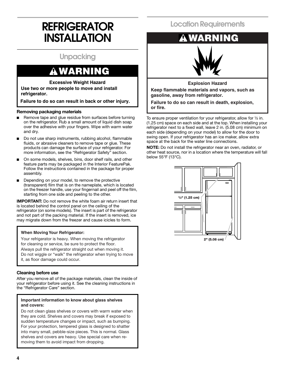 Refrigerator installation, Unpacking, Location requirements | Warning | Whirlpool 2225405 User Manual | Page 4 / 20