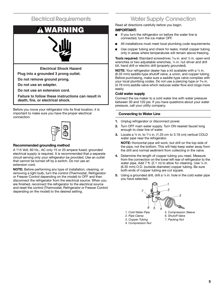 Electrical requirements, Water suppl y connection, Warning | Water supply connection | Whirlpool 2225405 User Manual | Page 5 / 20