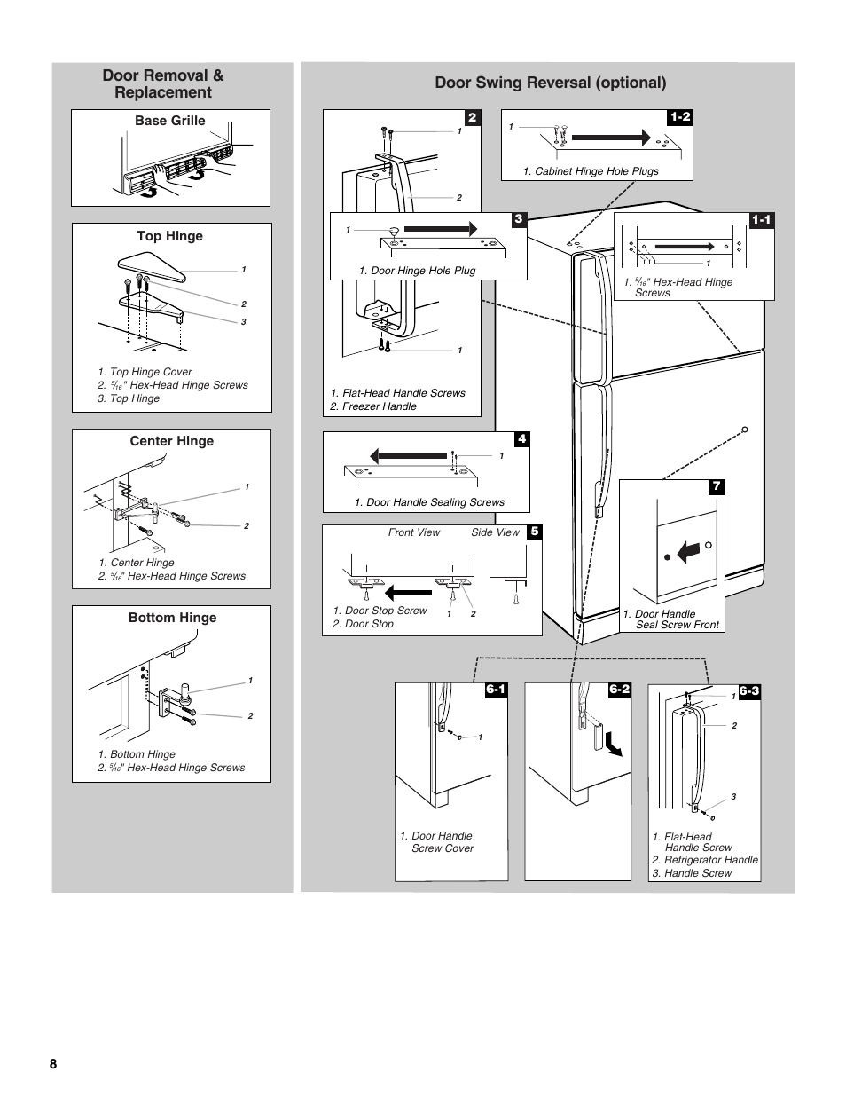 Base grille top hinge bottom hinge center hinge | Whirlpool 2225405 User Manual | Page 8 / 20