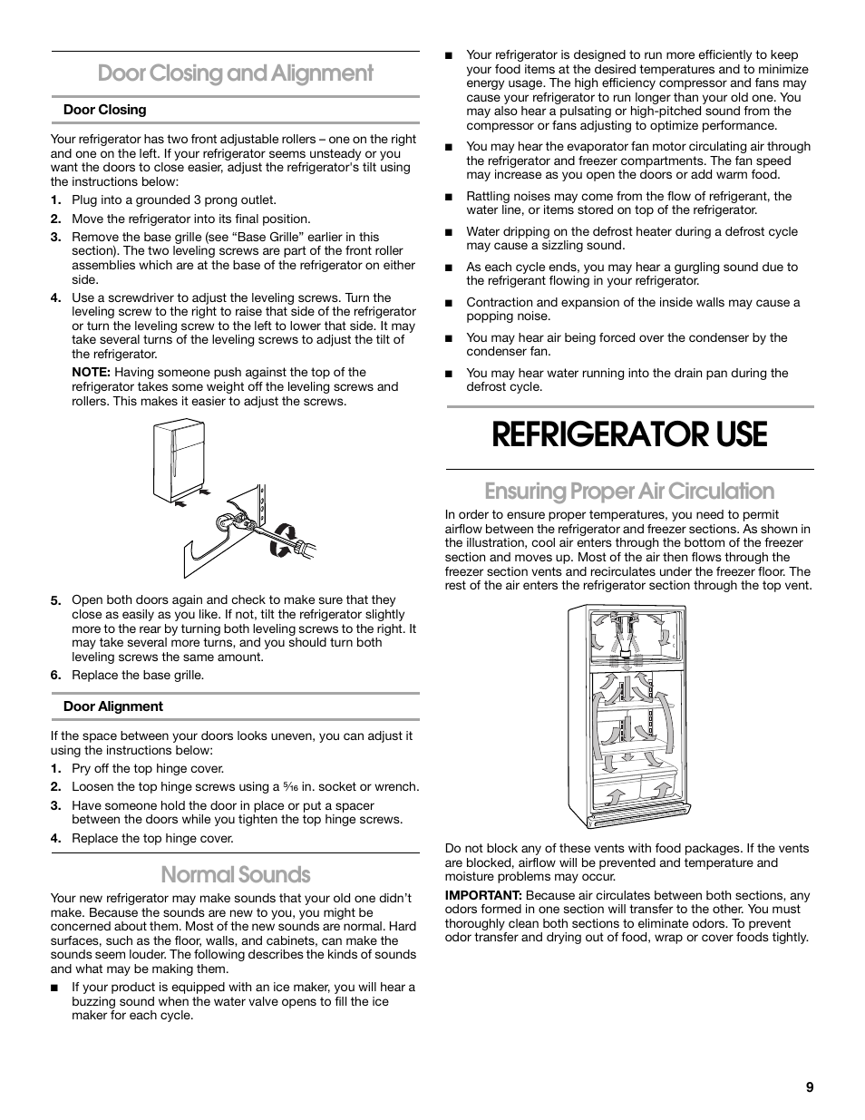 Door closing and alignment, Normal sounds, Refrigerator use | Ensuring proper air circulation | Whirlpool 2225405 User Manual | Page 9 / 20