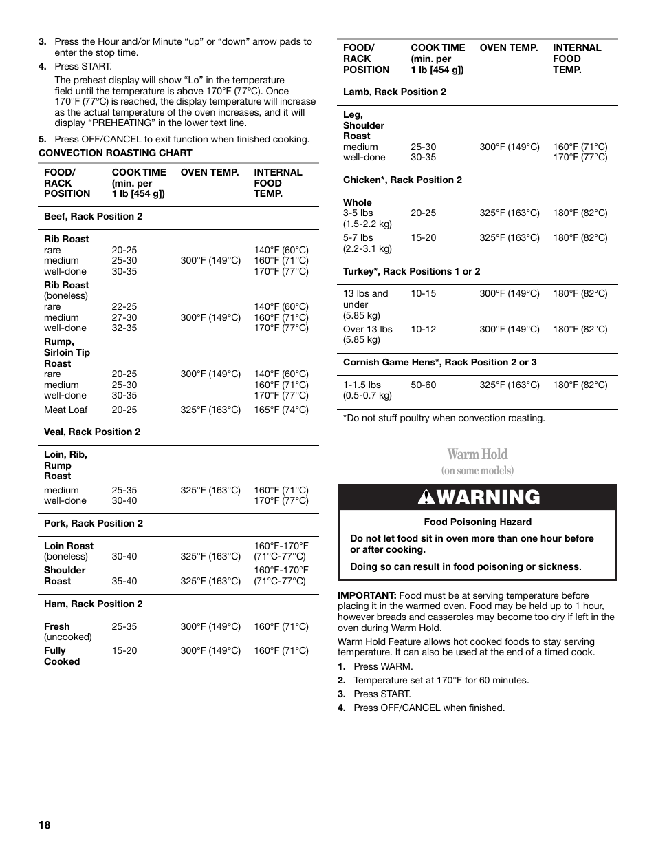 Warning, Warm hold | Whirlpool 9762365 User Manual | Page 18 / 28