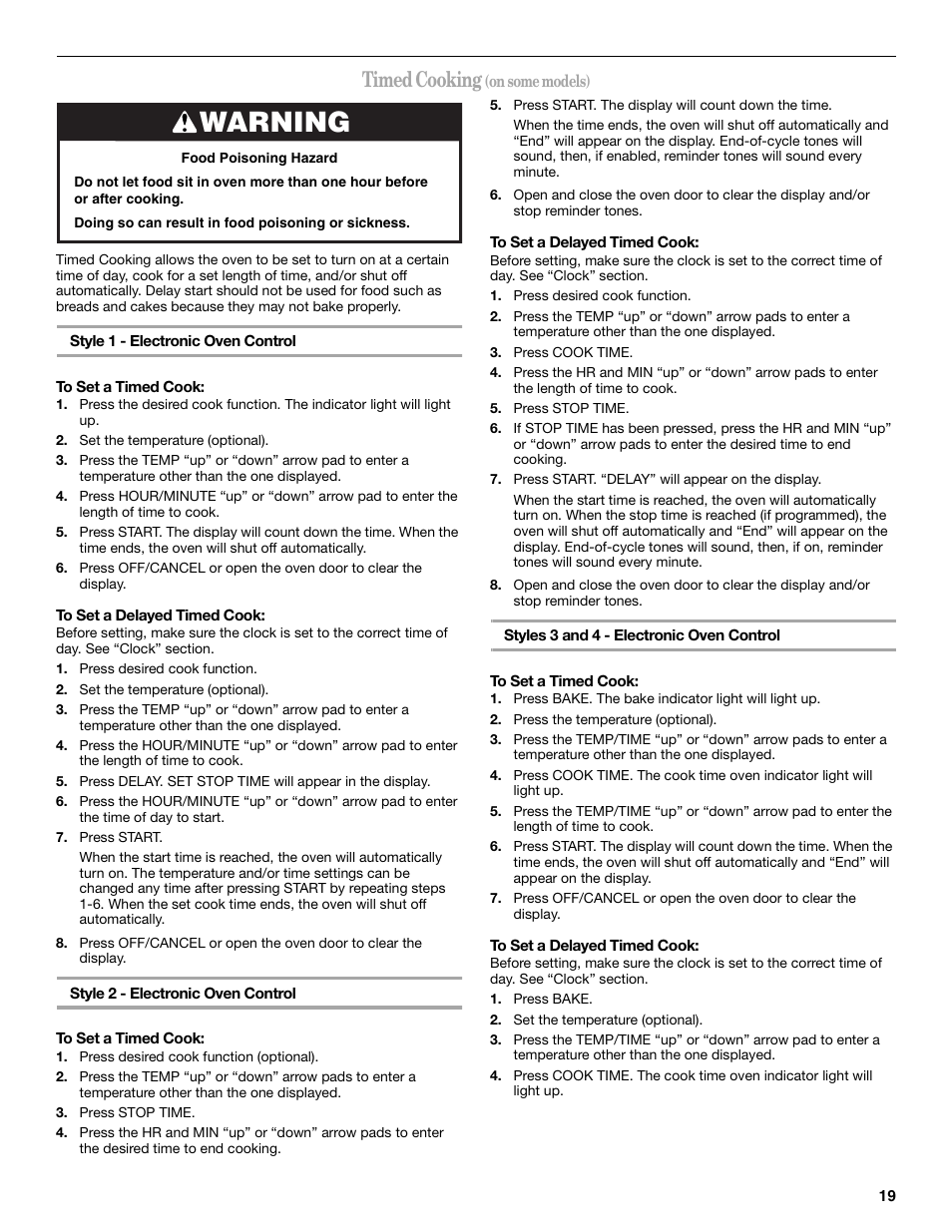 Warning, Timed cooking | Whirlpool 9762365 User Manual | Page 19 / 28