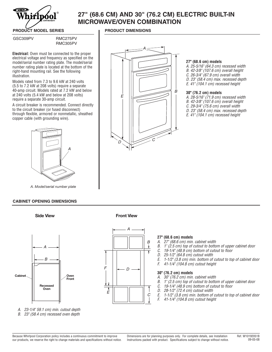 Whirlpool GSC309PV User Manual | 1 page