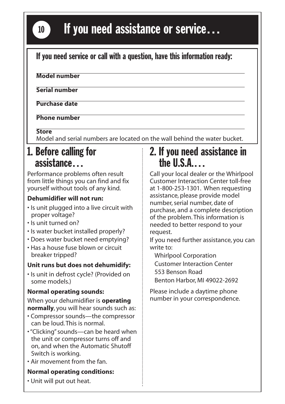 Before calling for assistance, If you need assistance in the u.s.a | Whirlpool 1185020 User Manual | Page 10 / 24