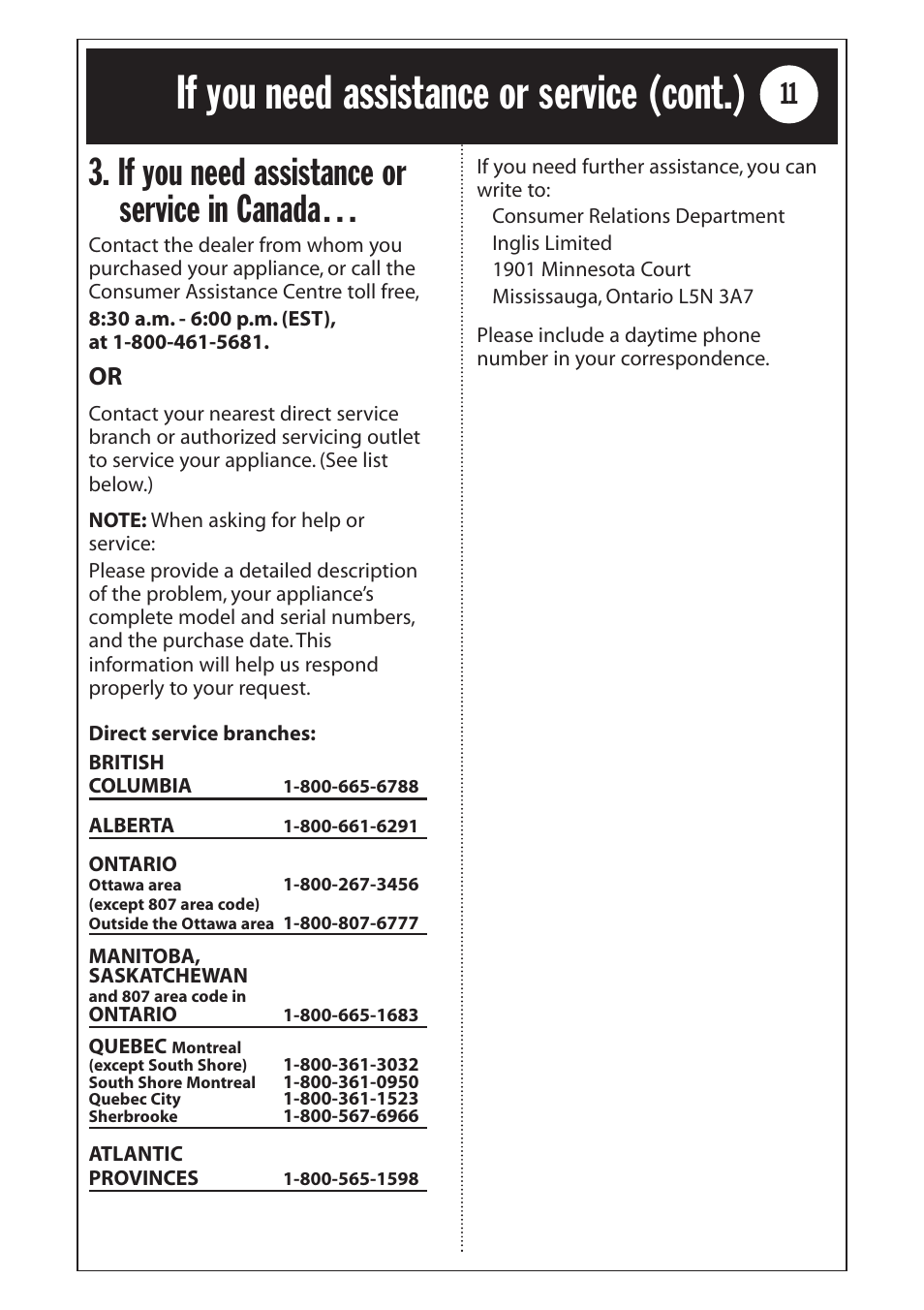 Safety information, If you need assistance or service (cont.), If you need assistance or service in canada | Whirlpool 1185020 User Manual | Page 11 / 24