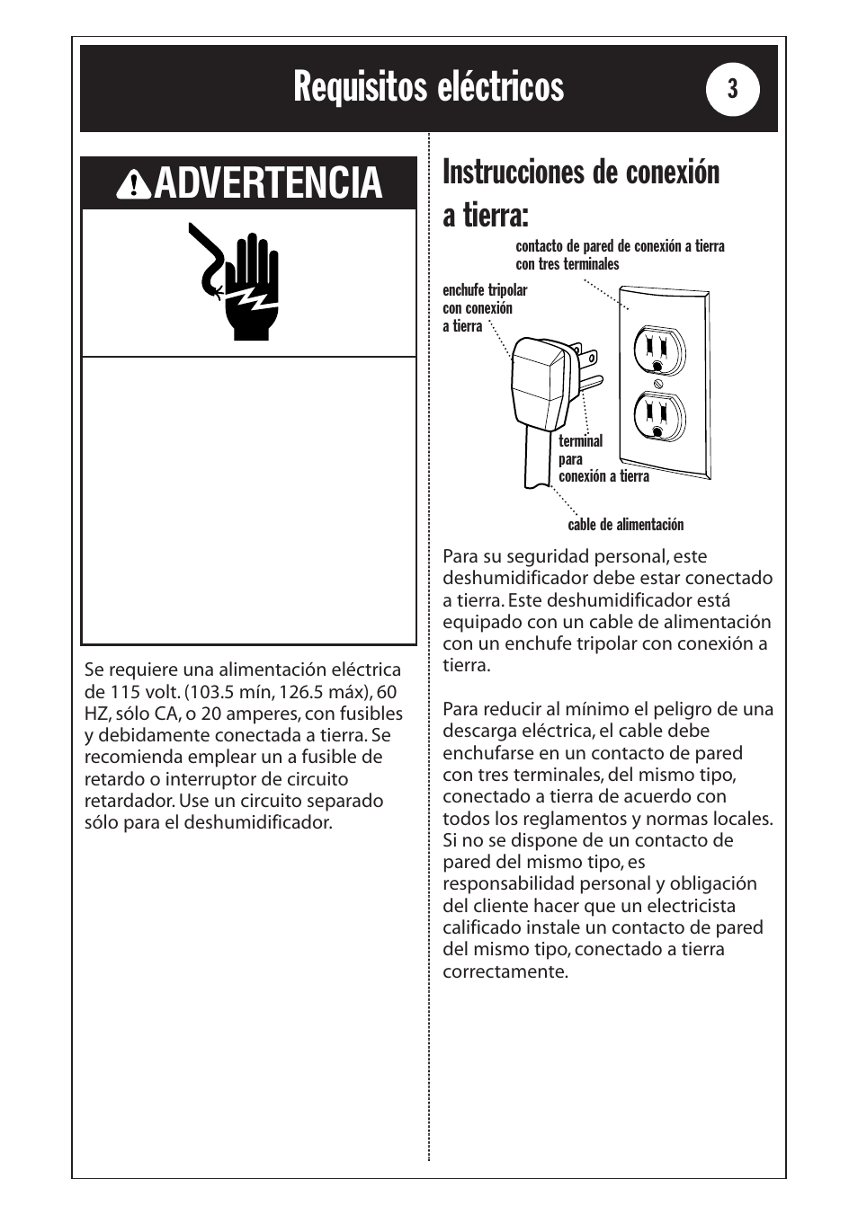 Requisitos eléctricos, Advertencia, Instrucciones de conexión a tierra | Whirlpool 1185020 User Manual | Page 15 / 24