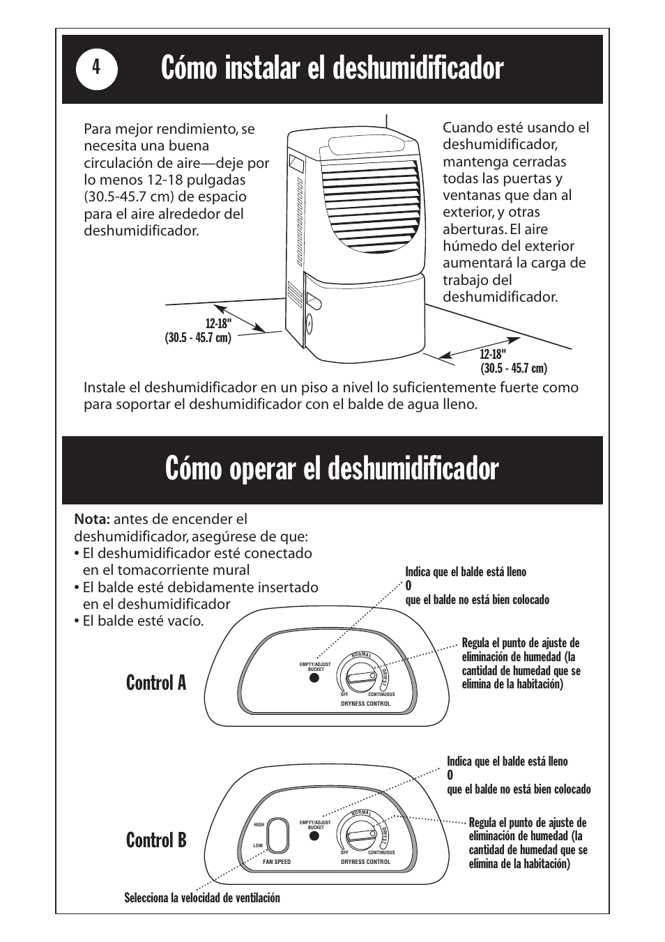 Cómo instalar el deshumidificador, Cómo operar el deshumidificador, Control a | Control b, Selecciona la velocidad de ventilación | Whirlpool 1185020 User Manual | Page 16 / 24