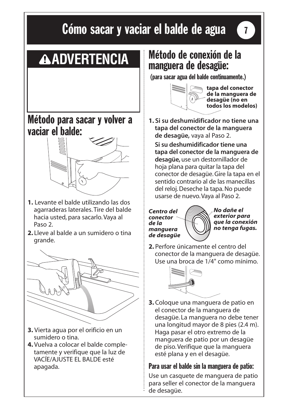 Cómo sacar y vaciar el balde de agua, Advertencia | Whirlpool 1185020 User Manual | Page 19 / 24