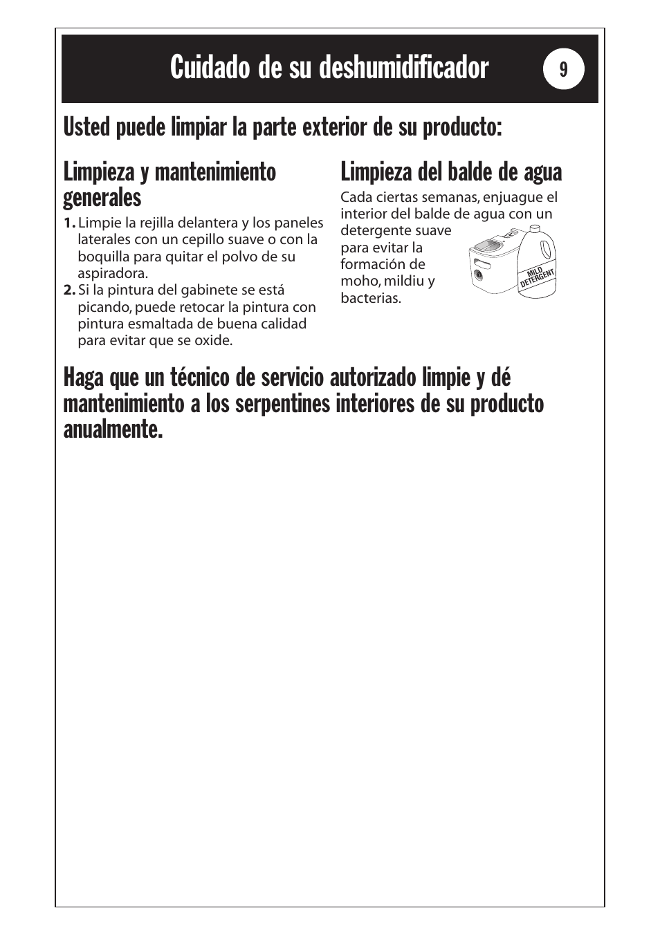 Cuidado de su deshumidificador, Limpieza y mantenimiento generales, Limpieza del balde de agua | Whirlpool 1185020 User Manual | Page 21 / 24