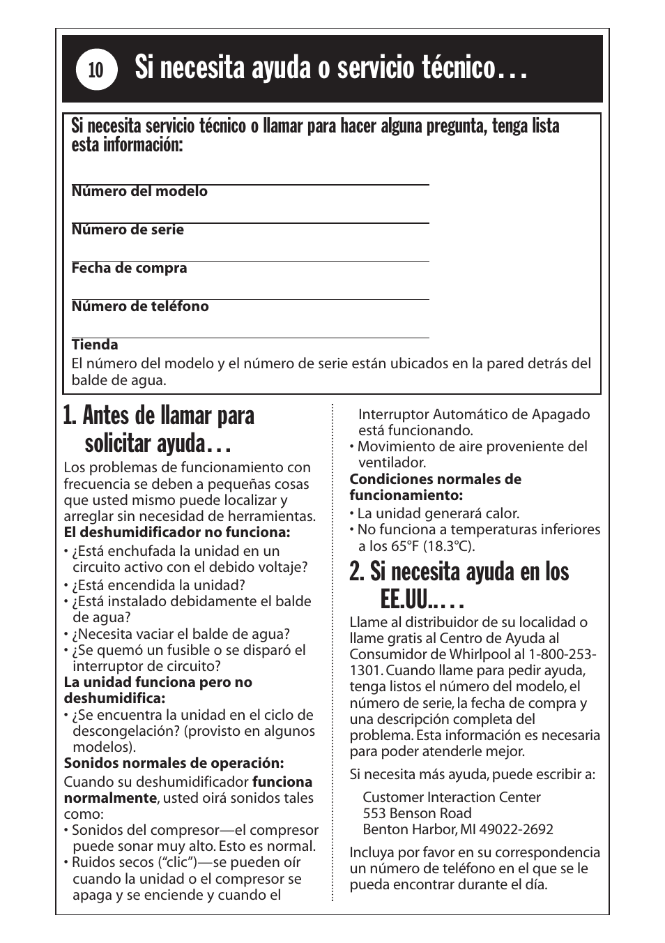 Si necesita ayuda o servicio técnico, Antes de llamar para solicitar ayuda, Si necesita ayuda en los ee.uu | Whirlpool 1185020 User Manual | Page 22 / 24