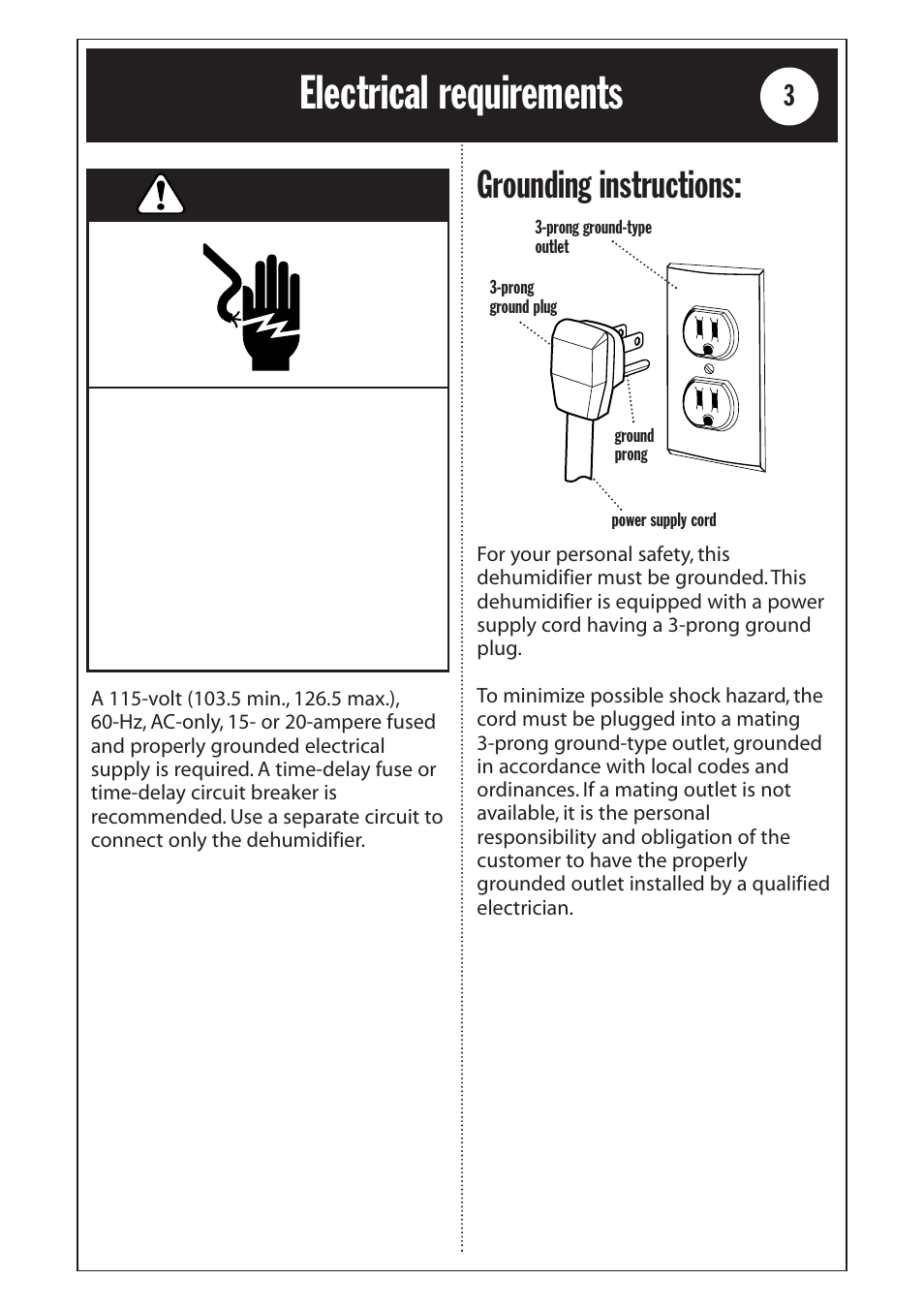 Electrical requirements, Warning, Grounding instructions | Whirlpool 1185020 User Manual | Page 3 / 24