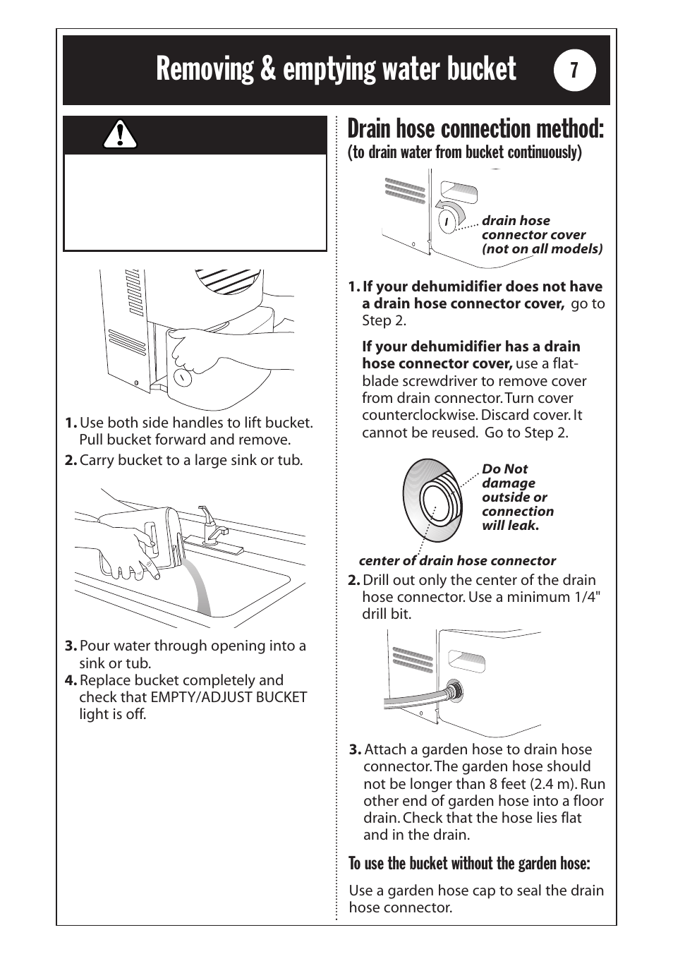 Warning, Drain hose connection method | Whirlpool 1185020 User Manual | Page 7 / 24