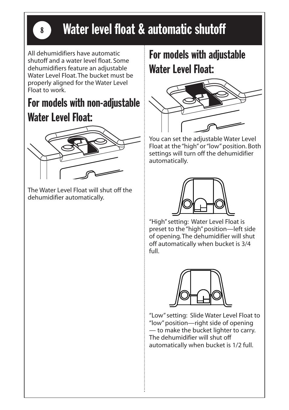 Safety information, Water level float & automatic shutoff | Whirlpool 1185020 User Manual | Page 8 / 24