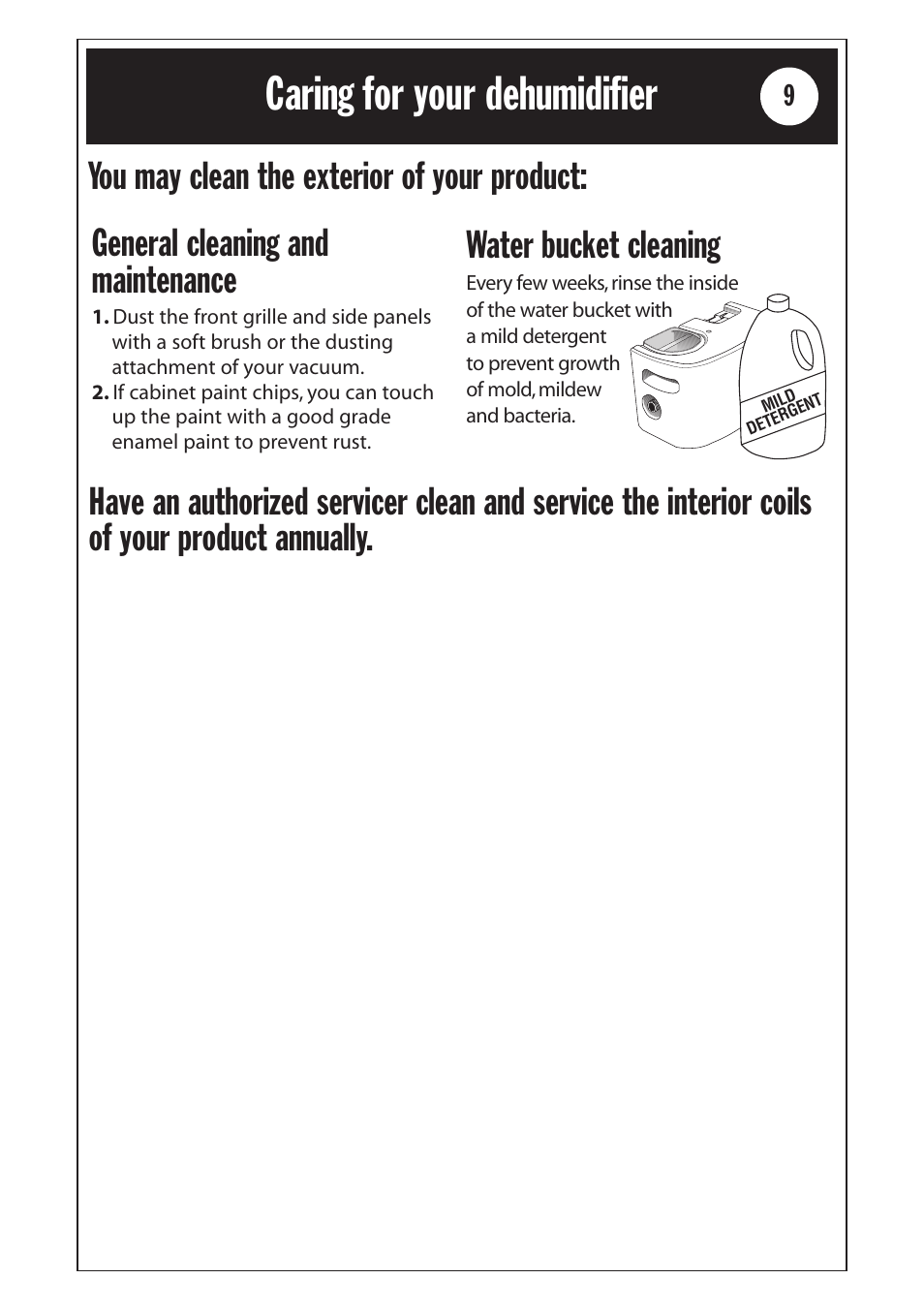 Safety information, Caring for your dehumidifier, General cleaning and maintenance | Water bucket cleaning | Whirlpool 1185020 User Manual | Page 9 / 24