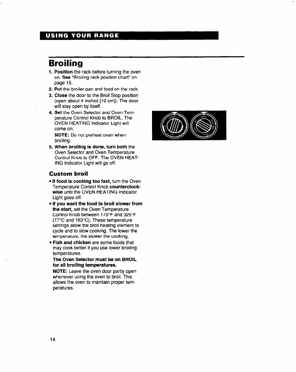 Broiling, Custom broil | Whirlpool FES364B User Manual | Page 14 / 32