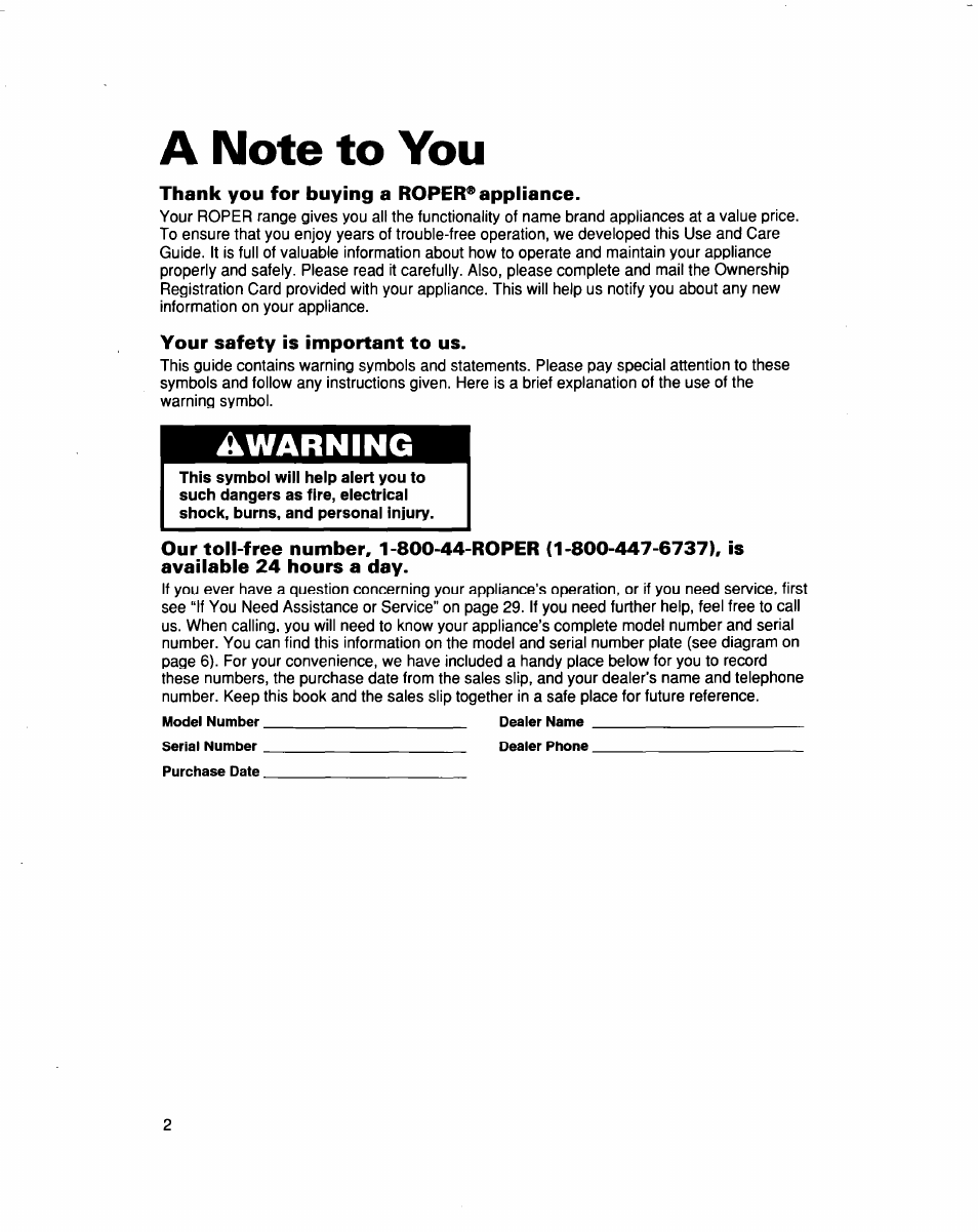 Thank you for buying a roper® appliance, Your safety is important to us, Warning | Whirlpool FES364B User Manual | Page 2 / 32