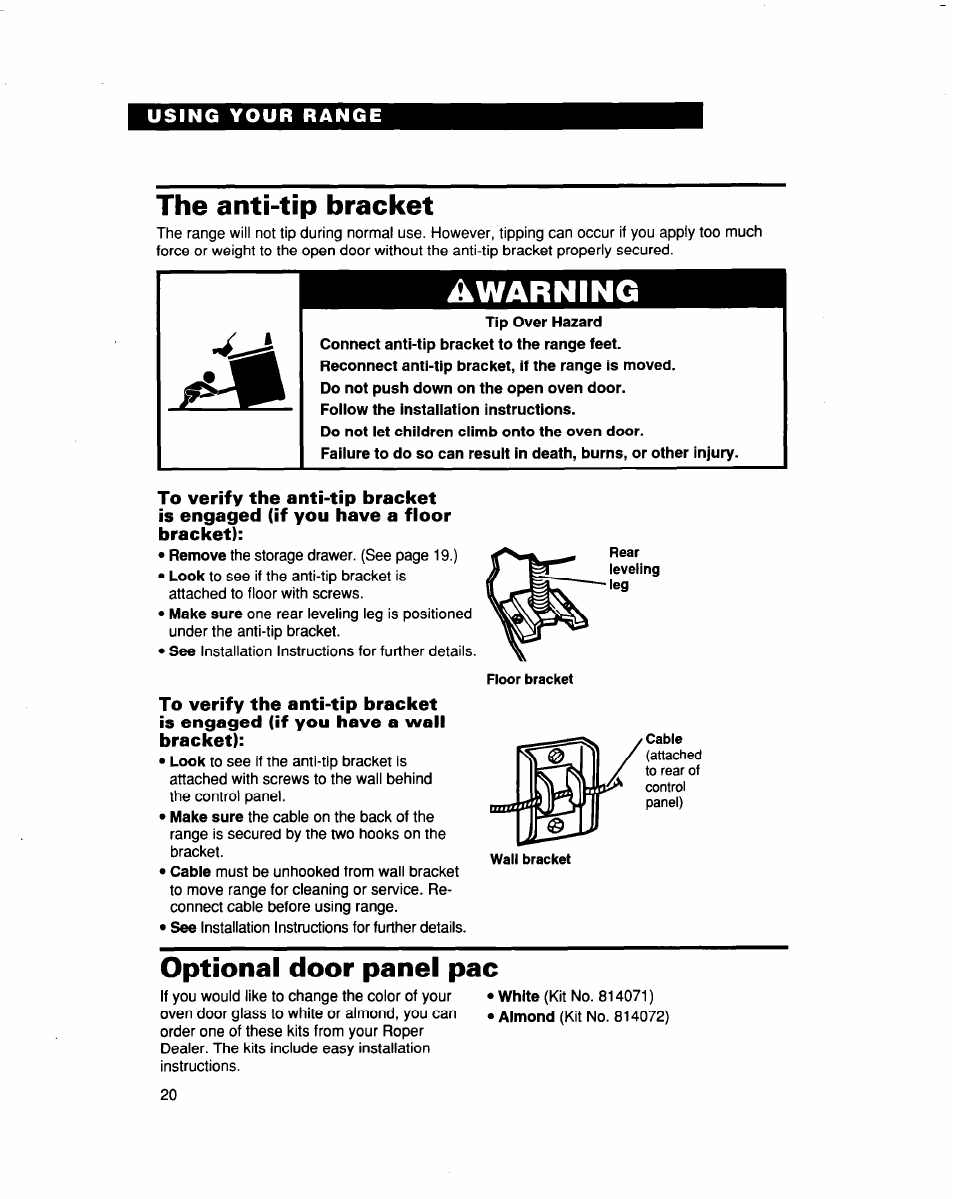 The anti-tip bracket, Optional door panel рас, Awarning | Whirlpool FES364B User Manual | Page 20 / 32