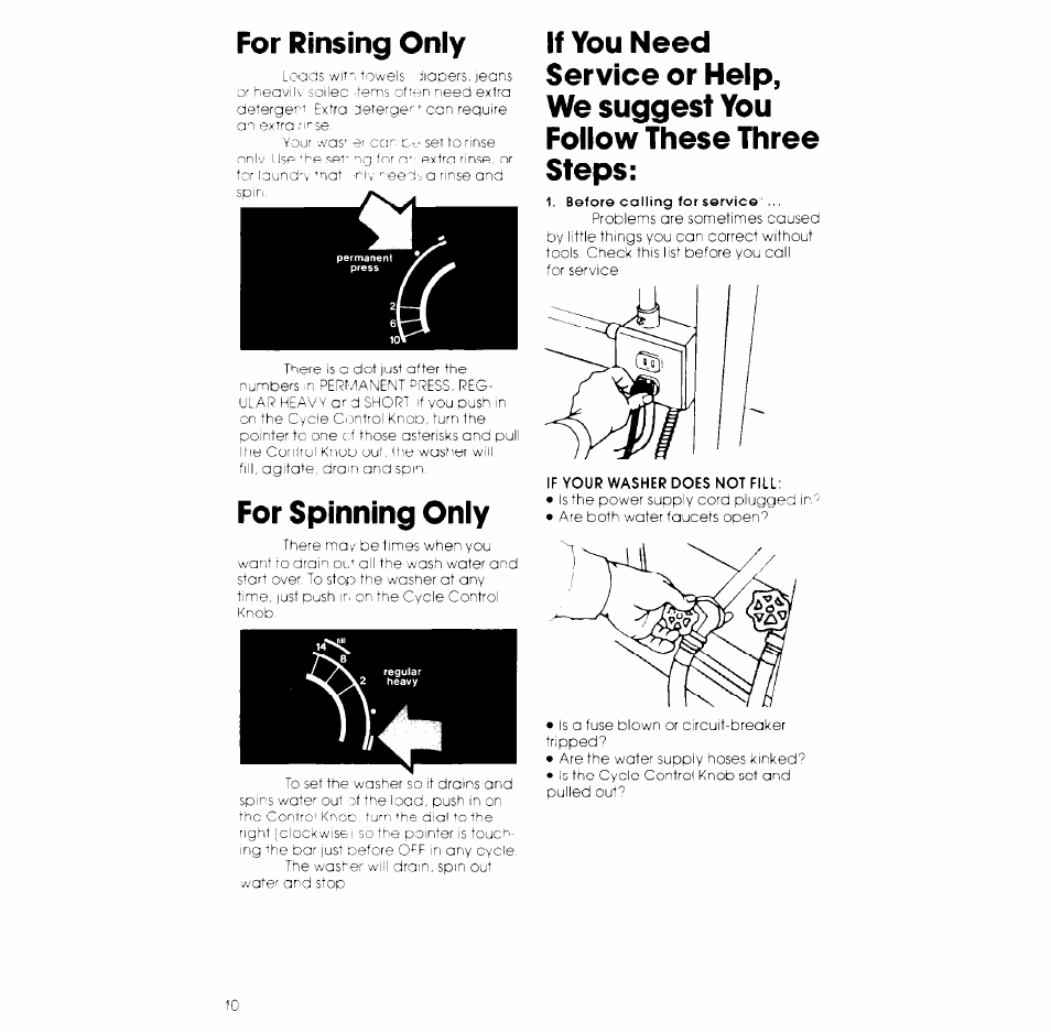For rinsing oniy, For spinning oniy | Whirlpool LB5300XK User Manual | Page 10 / 12