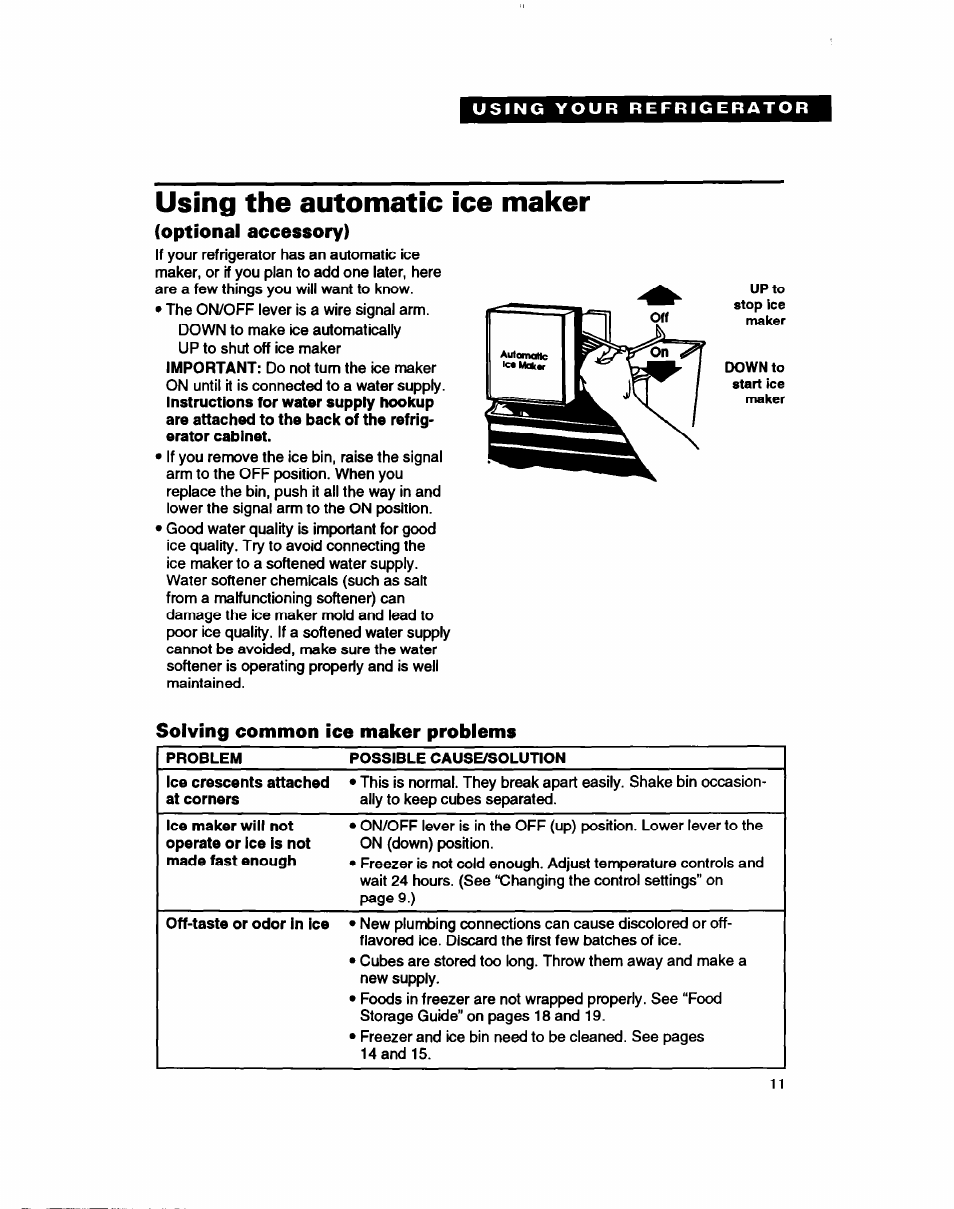 Using the automatic ice maker, Optional accessory), Solving common ice maker problems | Whirlpool RT14ZK User Manual | Page 11 / 23