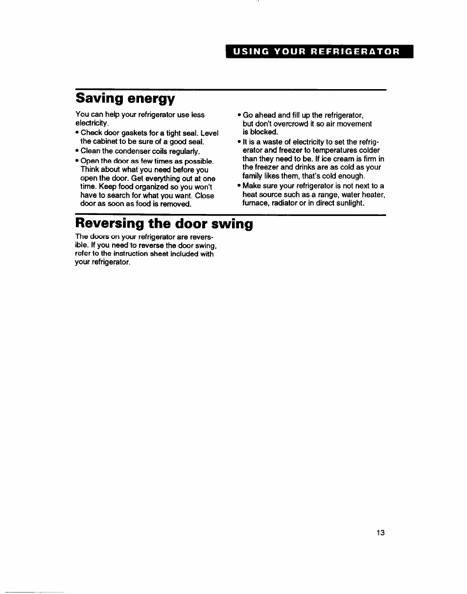 Saving energy, Reversing the door swing | Whirlpool RT14ZK User Manual | Page 13 / 23