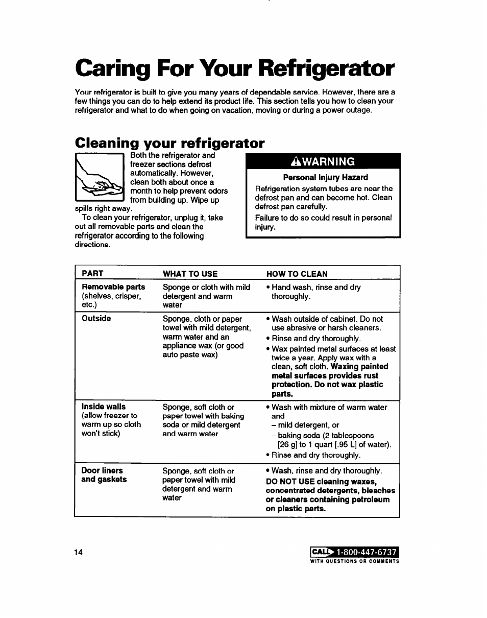 Caring for your refrigerator, Cleaning your refrigerator | Whirlpool RT14ZK User Manual | Page 14 / 23