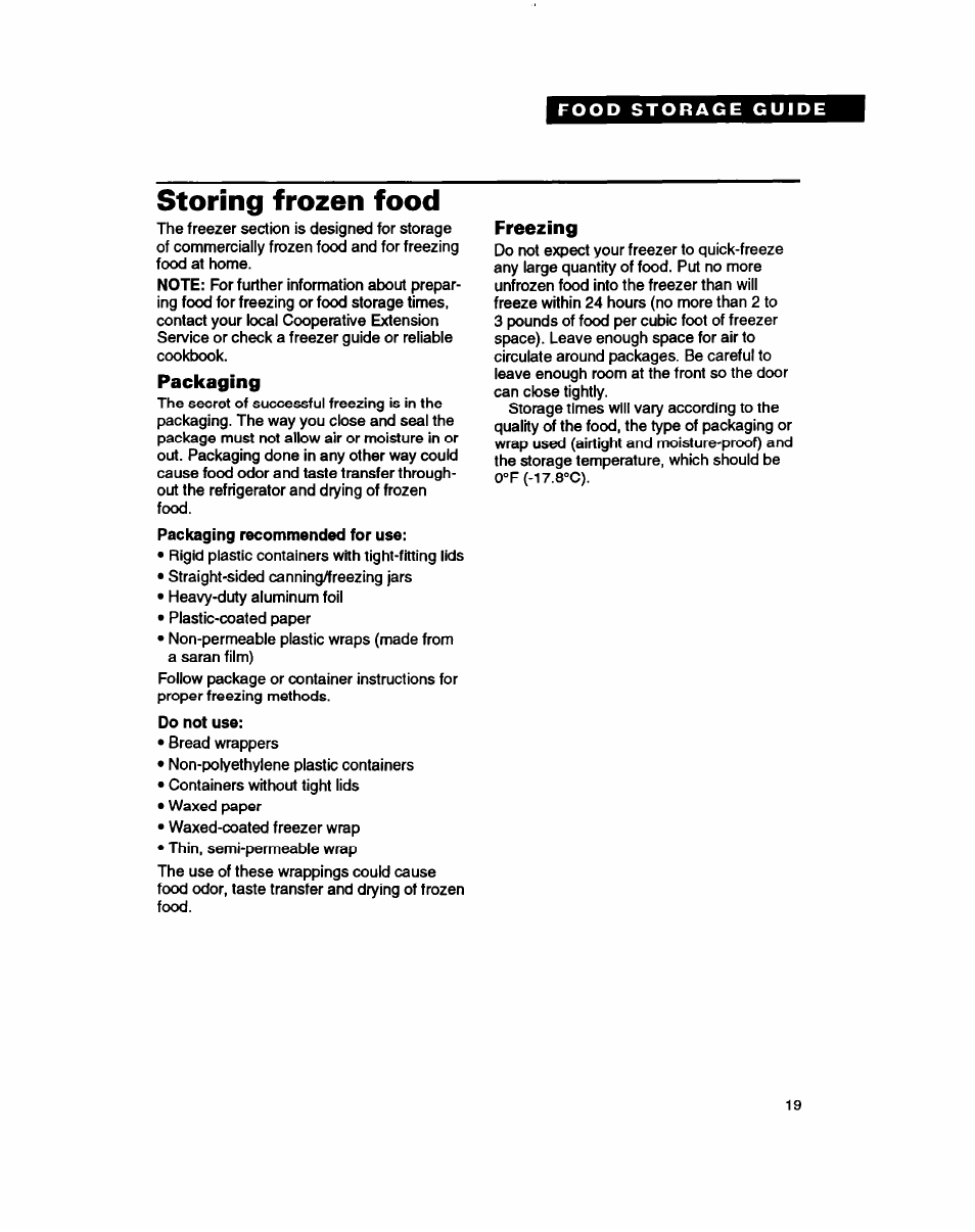 Food storage guide, Storing frozen food, Packaging | Freezing | Whirlpool RT14ZK User Manual | Page 19 / 23