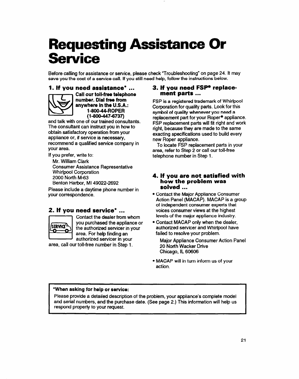Requesting assistance or service, If you need assistance, If you need service | If you need fsp* replacement parts | Whirlpool RT14ZK User Manual | Page 21 / 23