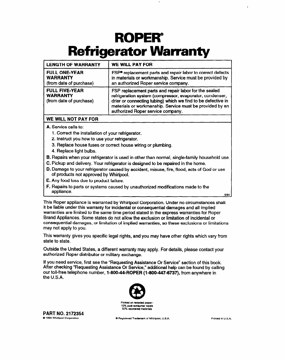 Ropeft, Refrigerator warranty, Ropeft refrigerator warranty | Whirlpool RT14ZK User Manual | Page 23 / 23