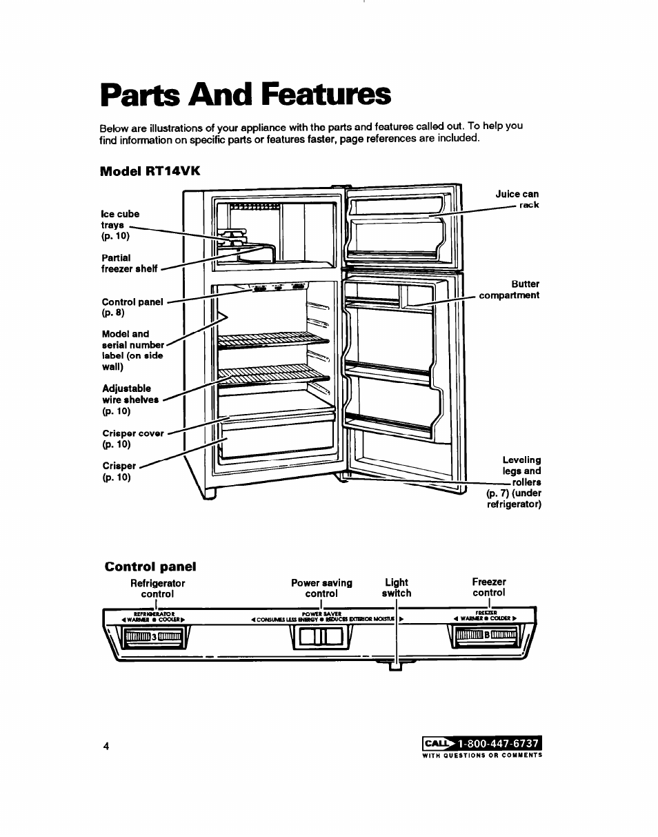 Parts and features, Model rt14vk, Control panel | Whirlpool RT14ZK User Manual | Page 4 / 23