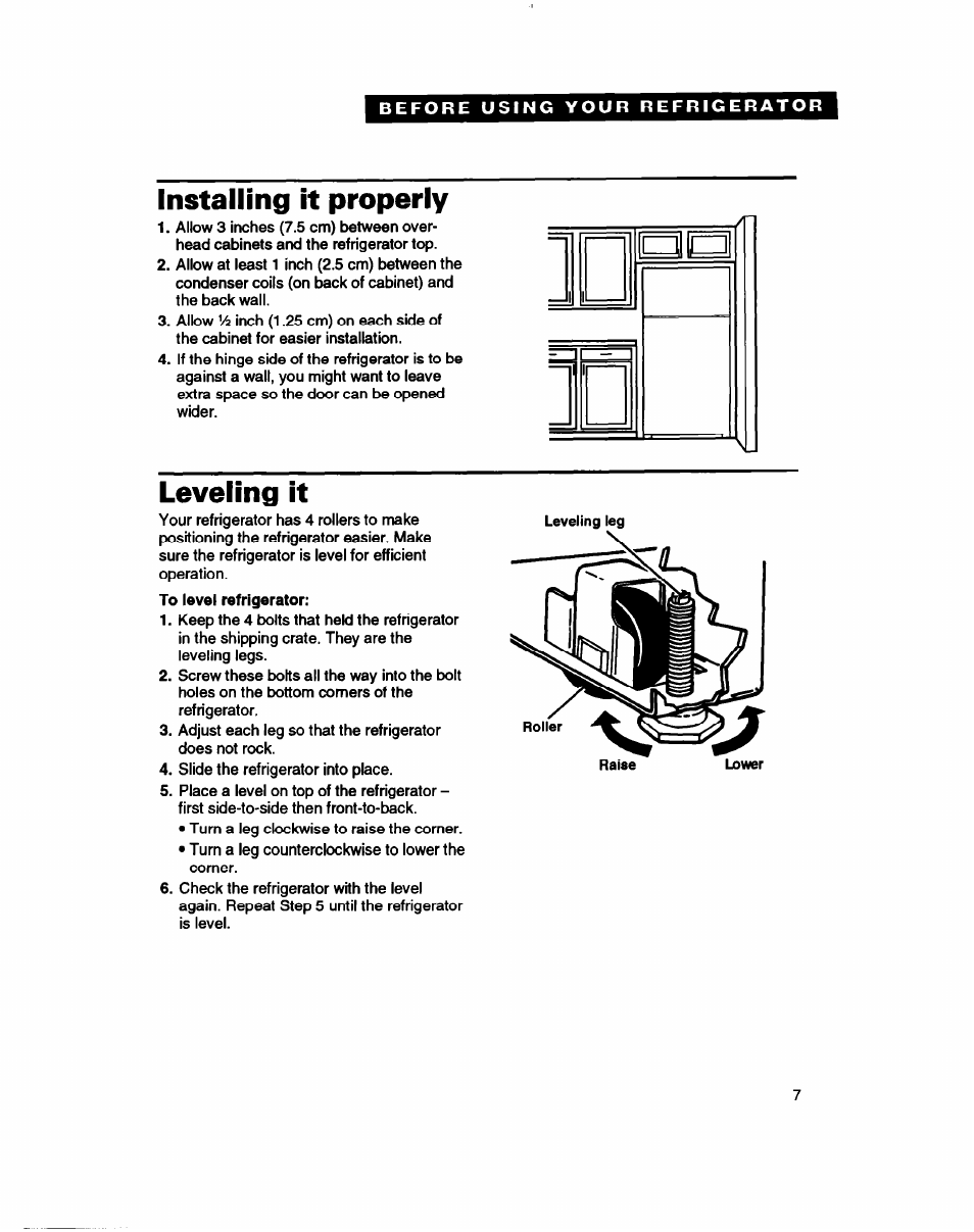 Installing it properly, Leveling it | Whirlpool RT14ZK User Manual | Page 7 / 23