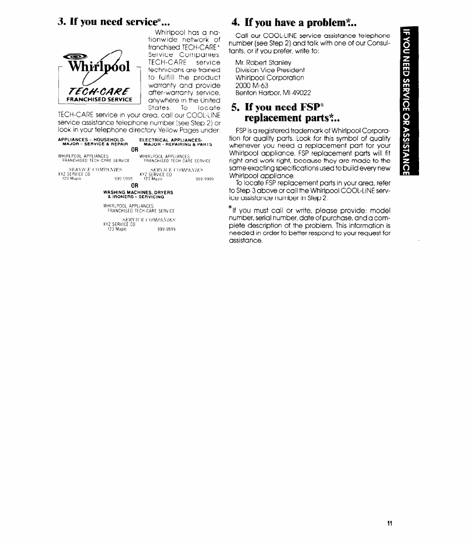 If you need serviee, If you have a problem, If you need fsp® replacement parts | Whirlpool, Rfc^-ca^f | Whirlpool EH230F User Manual | Page 11 / 12