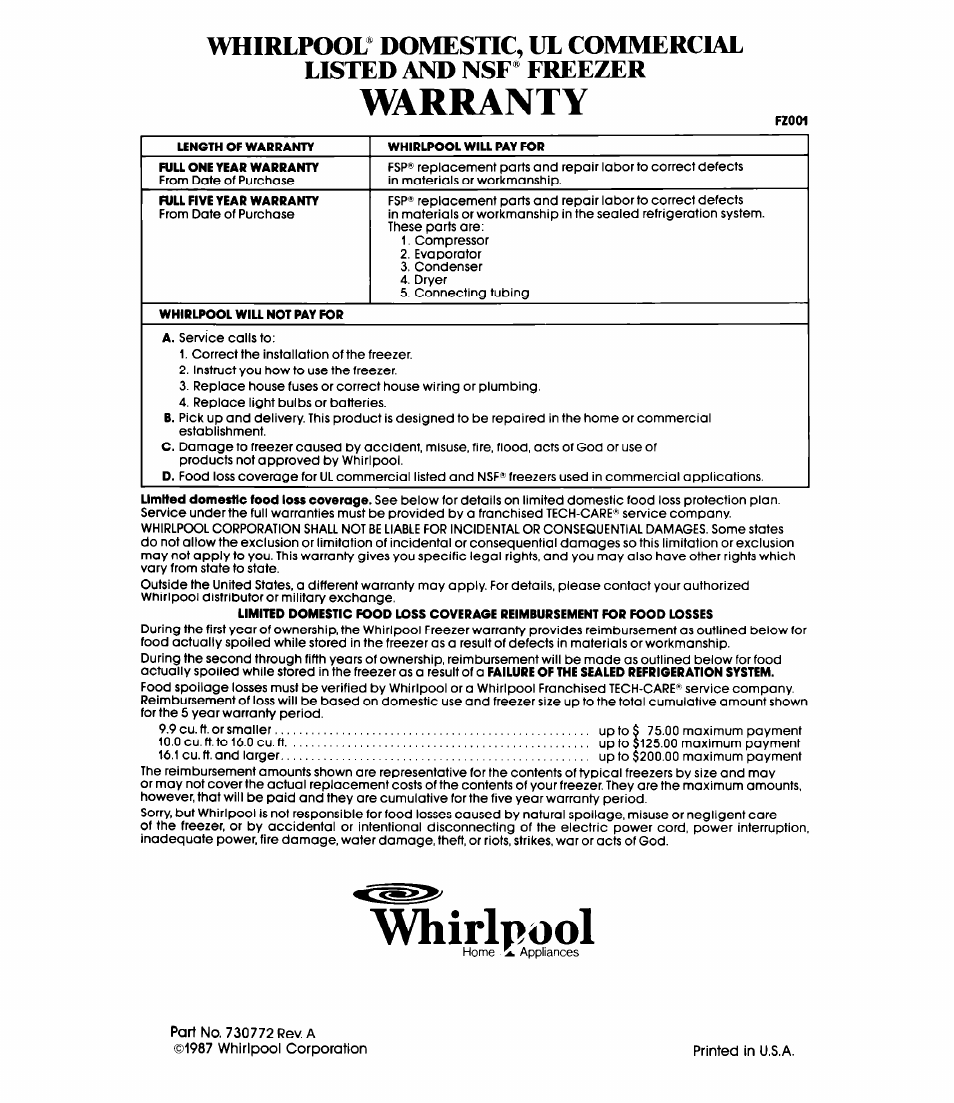 Warranty, Whirlpool | Whirlpool EH230F User Manual | Page 12 / 12