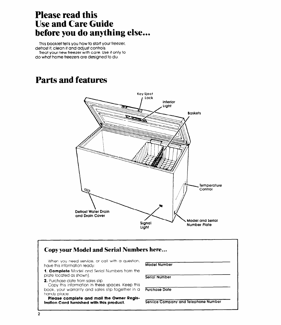 Please read this, Use and care guide, Before you do anything else | Parts and features, Copy your model and serial numbers here | Whirlpool EH230F User Manual | Page 2 / 12