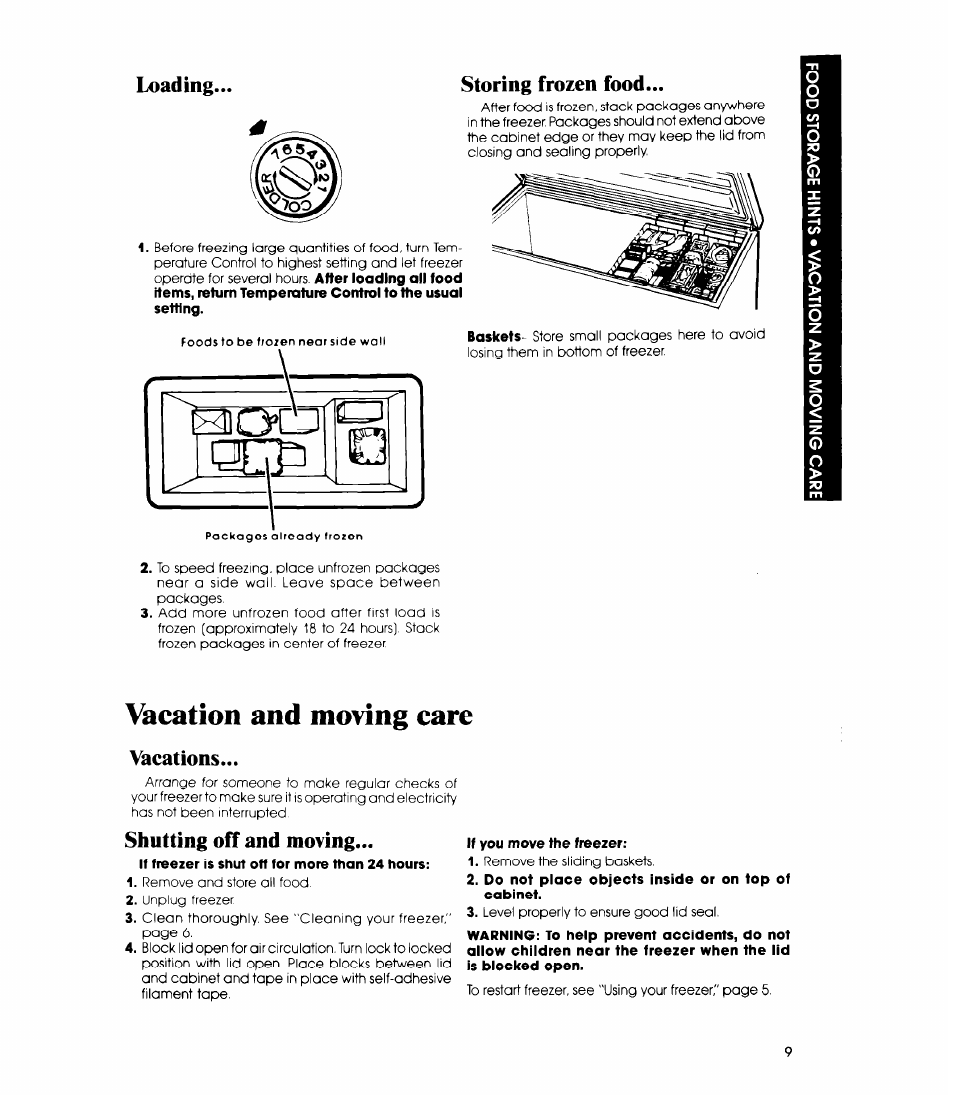 Loading, Vacation and moving care, Vacations | Shutting off and moving, Loading... storing frozen food | Whirlpool EH230F User Manual | Page 9 / 12