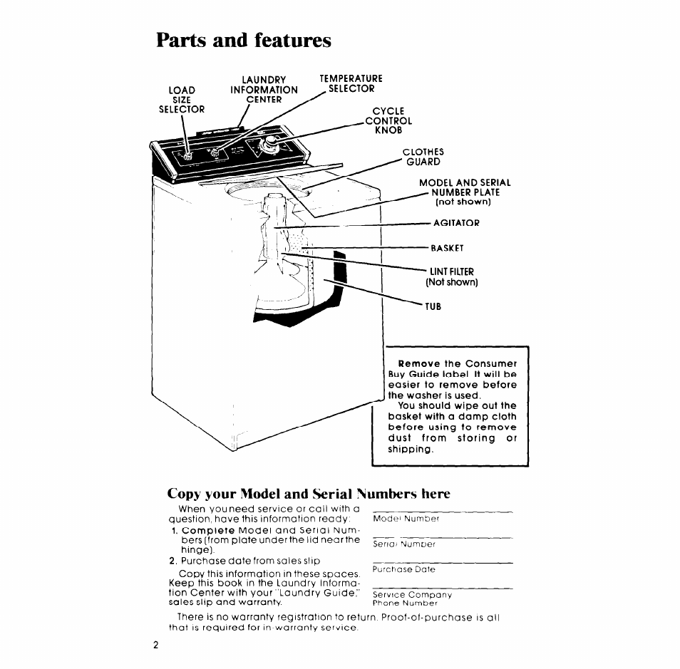 Parts and features, Copy your model and serial numbers here | Whirlpool LA5OOOXP User Manual | Page 2 / 12