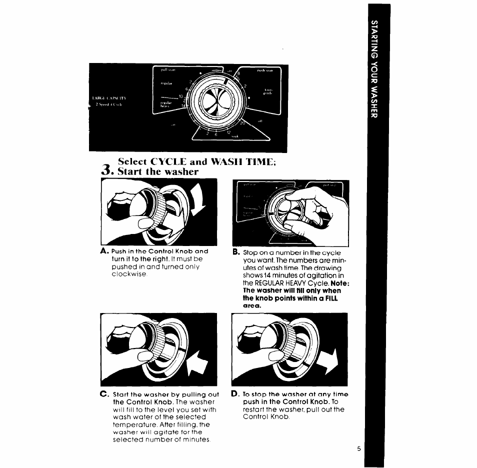 Select cycle and wash time, Start the washer, Select cycle and wash time; 3. start the washer | Whirlpool LA5OOOXP User Manual | Page 5 / 12