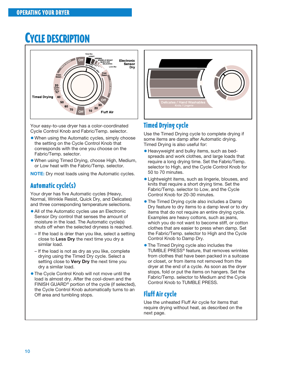 Cycle description, Ycle, Description | Automatic cycle(s), Timed drying cycle, Fluff air cycle, Operating your dryer | Whirlpool Gas Dryers User Manual | Page 10 / 24