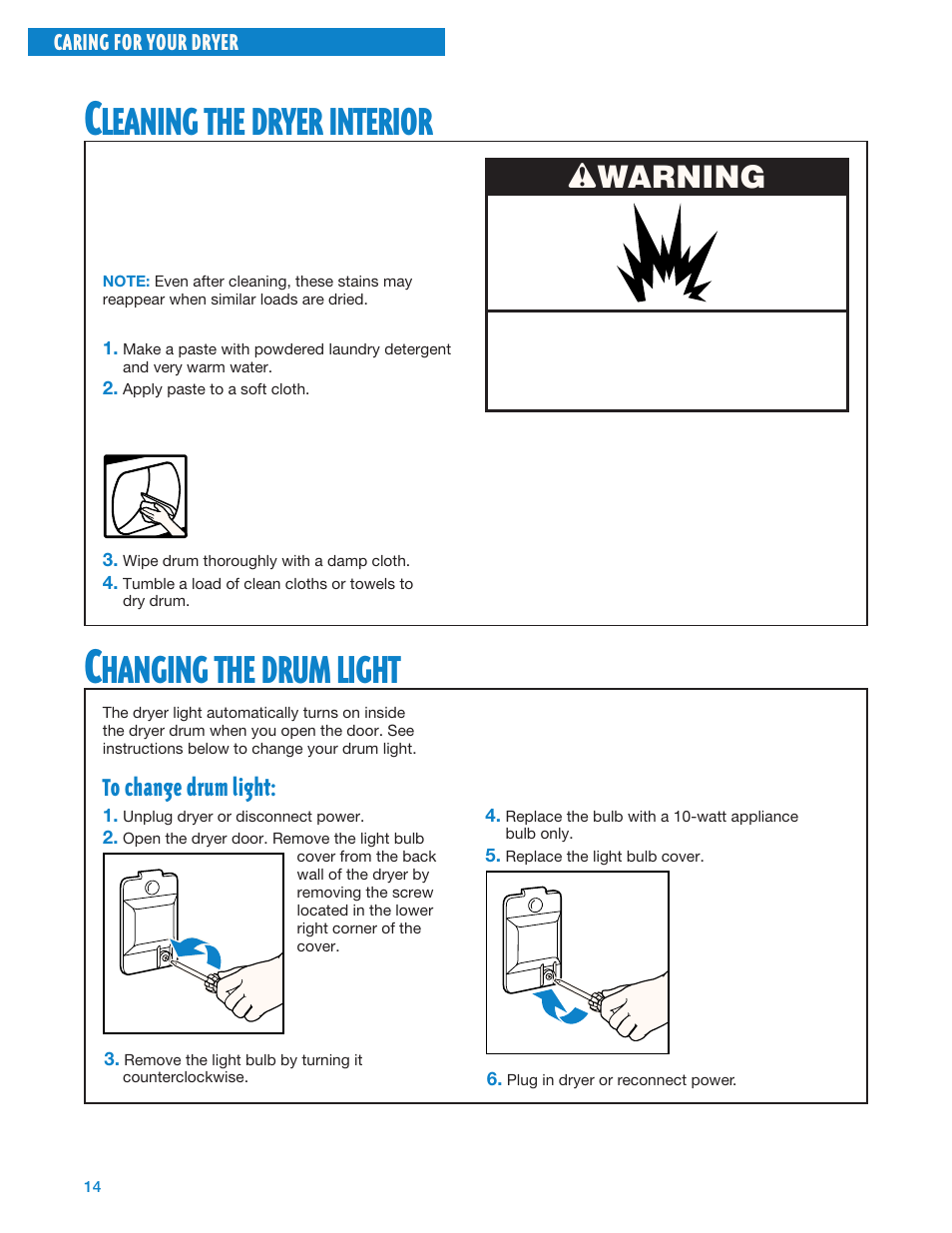 Cleaning the dryer interior, Changing the drum light, Leaning | Dryer, Interior, Hanging, Drum, Light, Wwarning | Whirlpool Gas Dryers User Manual | Page 14 / 24