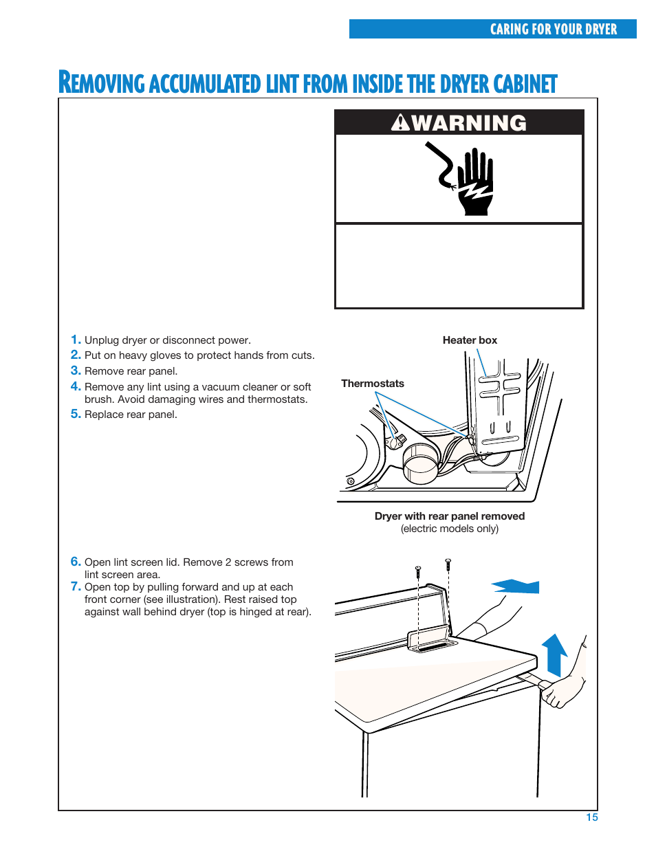 Emoving, Accumulated, Lint | From, Inside, Dryer, Cabinet | Whirlpool Gas Dryers User Manual | Page 15 / 24