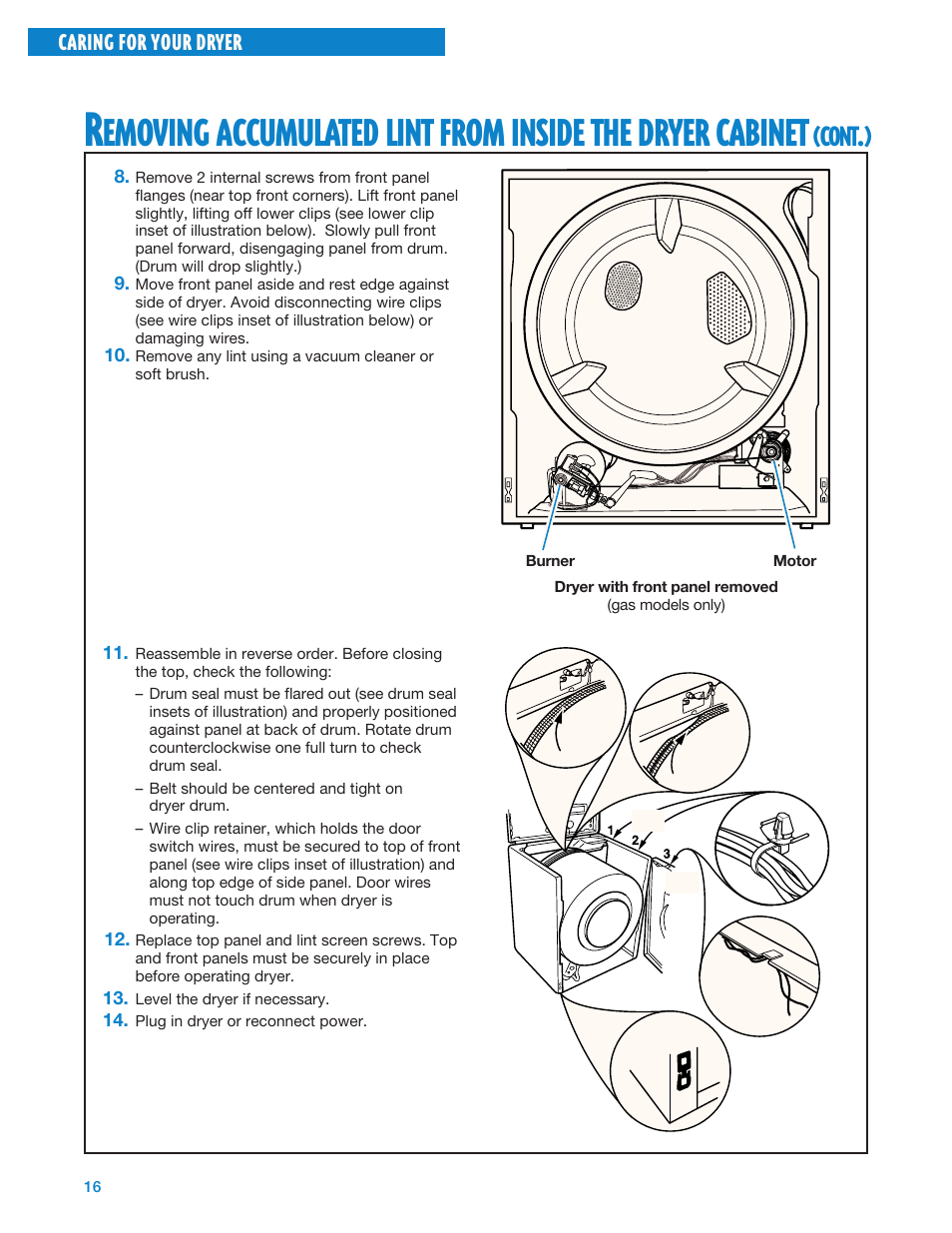 Emoving, Accumulated, Lint | From, Inside, Dryer, Cabinet, Cont | Whirlpool Gas Dryers User Manual | Page 16 / 24