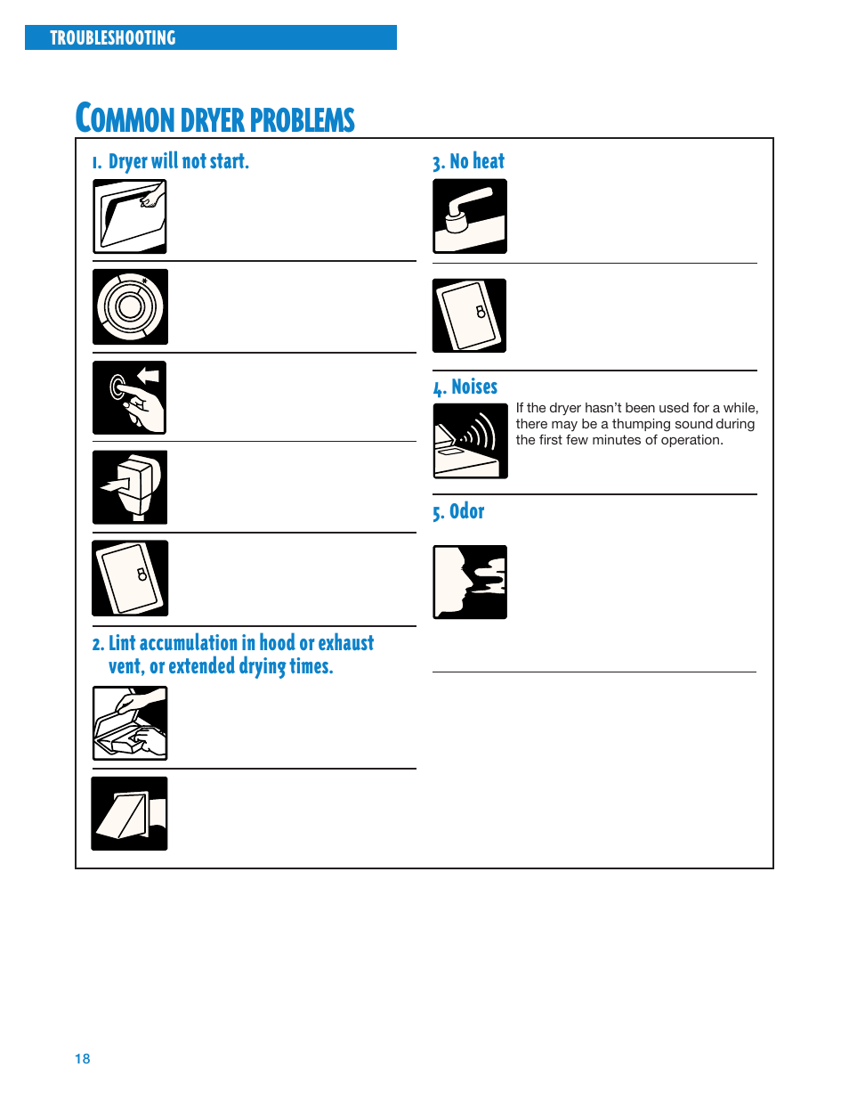 Ommon, Dryer, Problems | Dryer will not start, No heat, Noises, Odor | Whirlpool Gas Dryers User Manual | Page 18 / 24