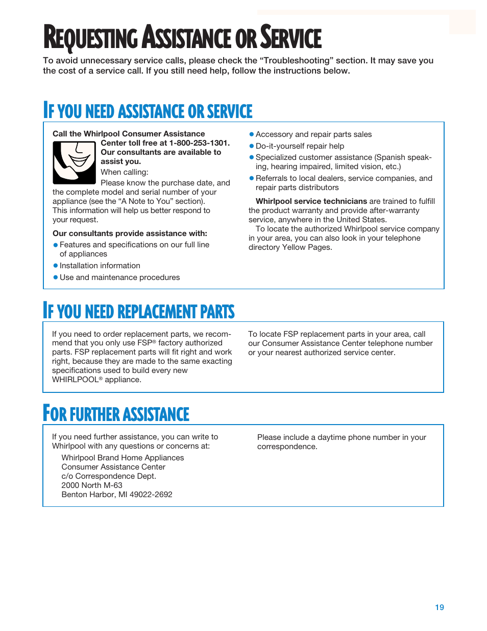 Requesting assistance or service, Equesting, Ssistance | Ervice, Need, Assistance, Service, Replacement, Parts, Further | Whirlpool Gas Dryers User Manual | Page 19 / 24