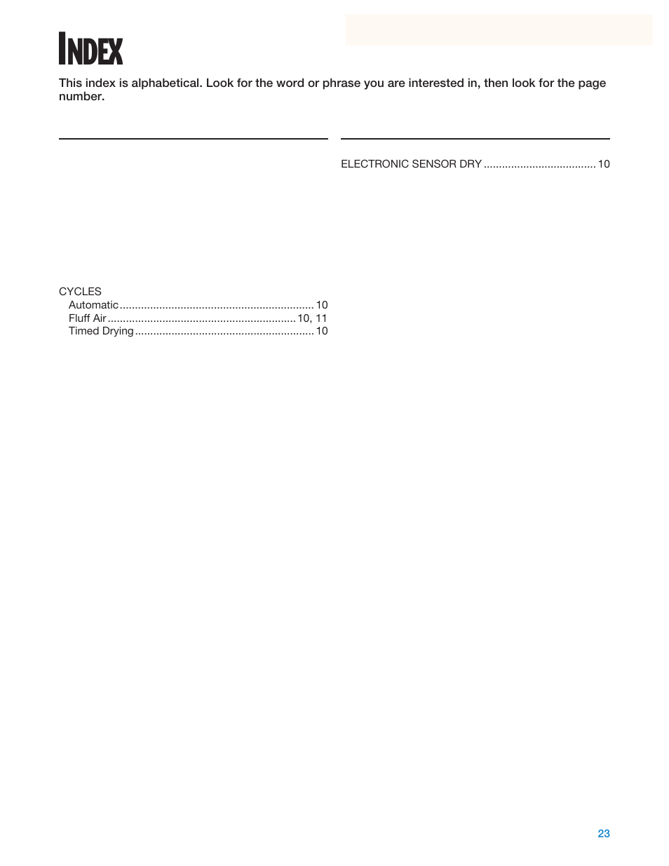 Index, Ndex | Whirlpool Gas Dryers User Manual | Page 23 / 24